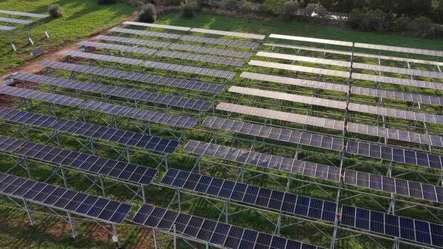Aerial view of solar panels in a field in Italy.