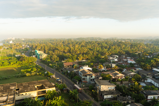View of a coastal road winding through a lush tropical landscape with residential houses and dense palm trees under a soft morning sky in Galle Southern Province Sri Lanka.