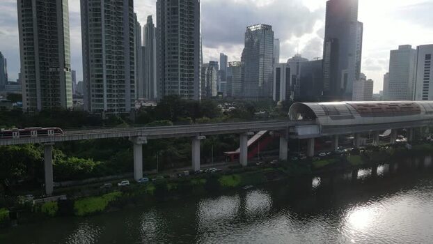 Aerial view of LRT train and skyscrapers in Jakarta Indonesia. Aerial view of LRT train and skyscrapers in Jakarta Indonesia.