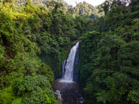 Aerial view of Gomblang Waterfall cascading into a rocky pool surrounded by lush tropical jungle and dense green foliage Kecamatan Kedungbanteng Jawa Tengah Indonesia. Aerial view of Gomblang Waterfall cascading into a rocky pool surrounded by lush tropical jungle and dense green foliage Kecamatan Kedungbanteng Jawa Tengah Indonesia.