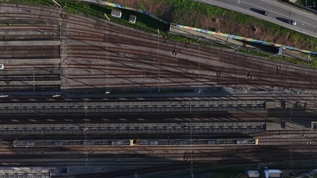 Aerial view of train tracks and train Portugal.