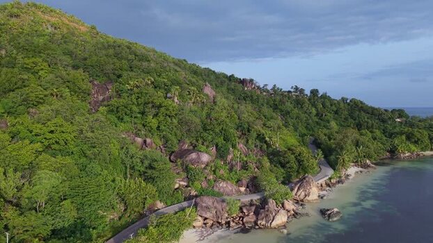 Aerial view of coastal road on Praslin Island Seychelles.