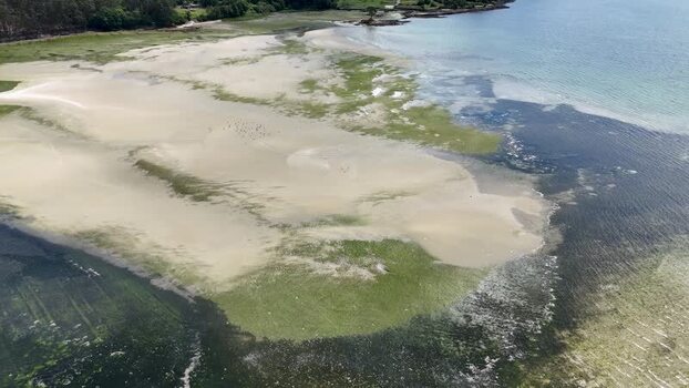 Aerial view of the Ria de Pontevedra sandbanks and algae Spain. Aerial view of the Ria de Pontevedra sandbanks and algae Spain.