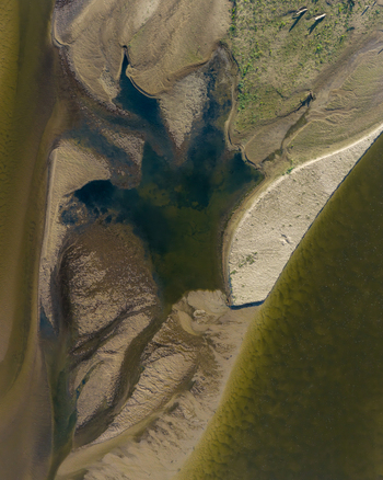 Aerial view of Zawadowskie Islands Nature Reserve showing intricate sandbars river channels and lush vegetation along the Vistula River in Masovian Voivodeship Poland.