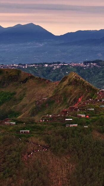 Aerial view of Mount Batur volcanic landscape in Bali Indonesia.