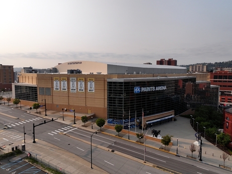 Pittsburgh Pennsylvania United States 26 July 2026 Aerial view of PPG Paints Arena with its glass facade banners and surrounding urban streets.