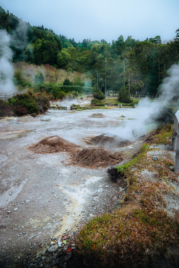 View of geothermal landscape with steaming vents and bubbling mud a mix of earthy browns and vibrant greens under a hazy sky Furnas Azores Portugal.