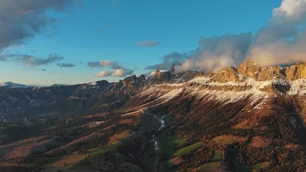 Aerial view of Dolomite Mountains near Canazei Italy.