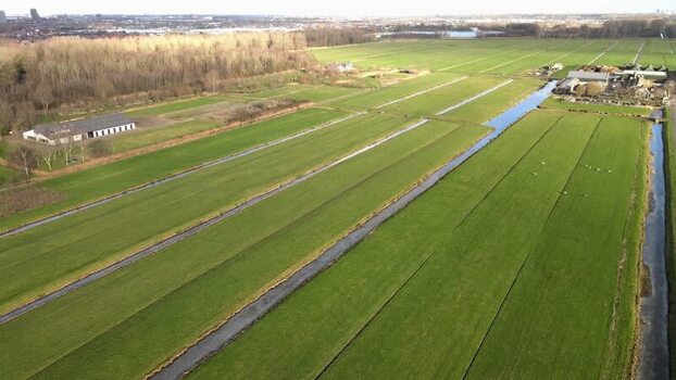 Aerial view of farmland and waterways Netherlands.