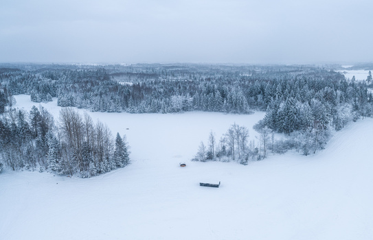 Aerial view of a snow covered forest and open field landscape during winter in Latvia. Aerial view of a snow covered forest and open field landscape during winter in Latvia.