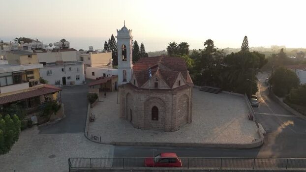 Aerial view of a historic stone church in Nicosia Cyprus.