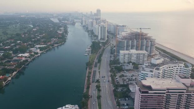 Aerial view of Miami Beach skyline and waterway United States.