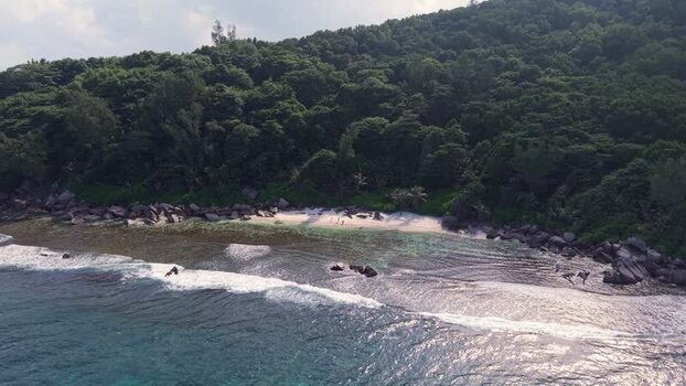 Aerial view of Anse Reunion beach in Seychelles.