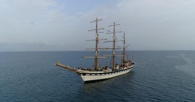 Aerial view of tall ship in Los Roques Venezuela.