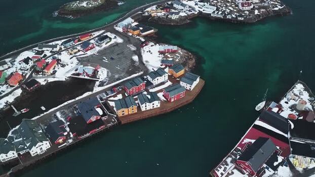 Aerial view of Henningsv&aelig;r Bryggehotell Norway.