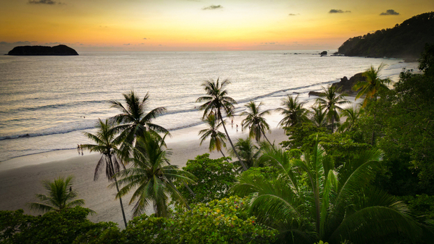 Aerial view of a golden sunset casting a warm glow over the sandy beach gently swaying palm trees and the tranquil ocean waters Quepos Puntarenas Province Costa Rica.