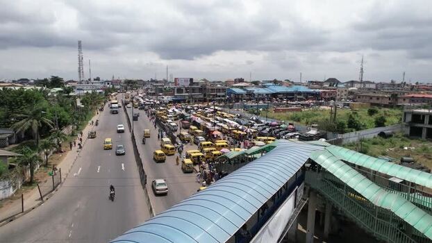 Aerial view of Ojodu Berger traffic and pedestrian bridge Nigeria. Aerial view of Ojodu Berger traffic and pedestrian bridge Nigeria.