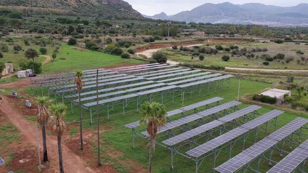Aerial view of solar panel farm in Terrasini Italy.