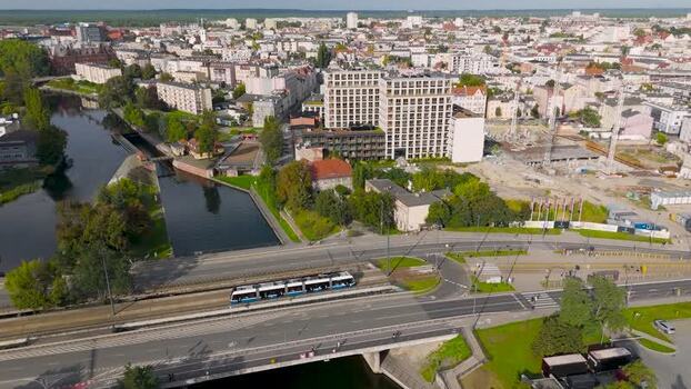 Aerial view of tram and buildings Poland. Aerial view of tram and buildings Poland.