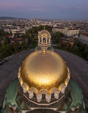 Aerial view of the golden domes of the Patriarchal Cathedral St. Alexander Nevsky in the historic city center of Sofia Sofia City Province Bulgaria. Aerial view of the golden domes of the Patriarchal Cathedral St. Alexander Nevsky in the historic city center of Sofia Sofia City Province Bulgaria.