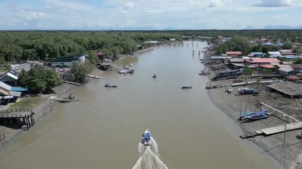 Aerial view of a motorboat on a river in Sarawak Malaysia. Aerial view of a motorboat on a river in Sarawak Malaysia.