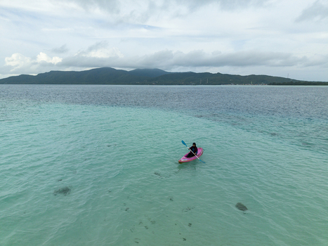Aerial view of a lone kayaker paddling a pink kayak on the turquoise sea towards the distant island at Menjangan Kecil Island Karimunjawa Jawa Tengah Indonesia.