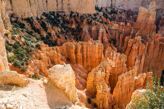 View of the iconic orange hoodoos and dramatic rock formations of Bryce Canyon National Park in Utah United States.