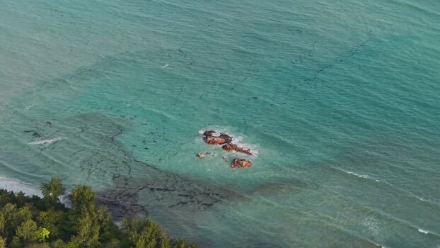Aerial view of turquoise waters at Praslin Ferry Harbour Seychelles.