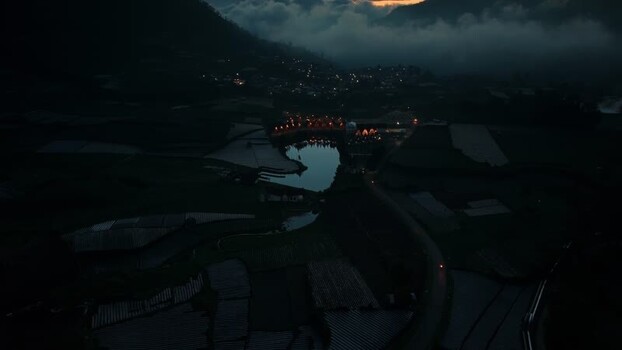 Aerial view of Dieng Plateau at night Indonesia.
