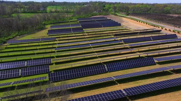 Aerial view of solar panels in fields United States.