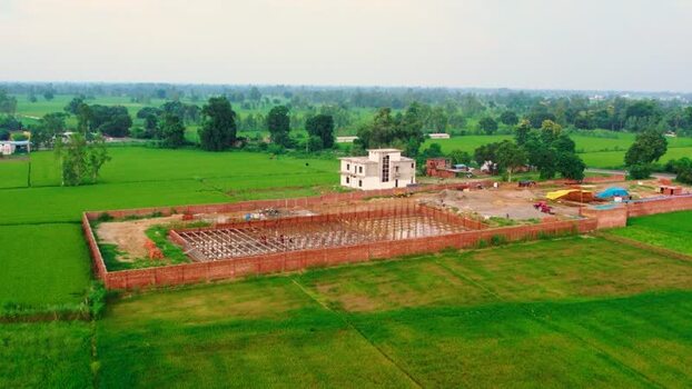 Aerial view of construction site in rural Patna India.