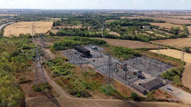 Aerial view of Eaton Socon substation and power lines United Kingdom.