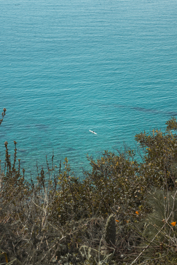 View of turquoise waters contrasting with the wild dry vegetation clinging to the hillside a serene scene capturing the essence of coastal beauty Taormina Catania Italy.