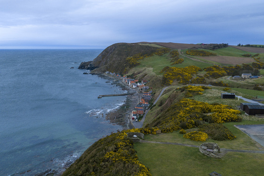 Aerial view of the historic village of Crovie nestled at the base of steep cliffs with yellow gorse bushes and the rocky coastline Crovie Scotland United Kingdom.