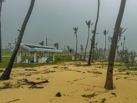 San Jose Tinian Northern Mariana Islands 06 July 2026 View of Super Typhoon Bavi aftermath with damaged palm trees scattered debris and empty park shelters under a dark stormy sky. San Jose Tinian Northern Mariana Islands 06 July 2026 View of Super Typhoon Bavi aftermath with damaged palm trees scattered debris and empty park shelters under a dark stormy sky.