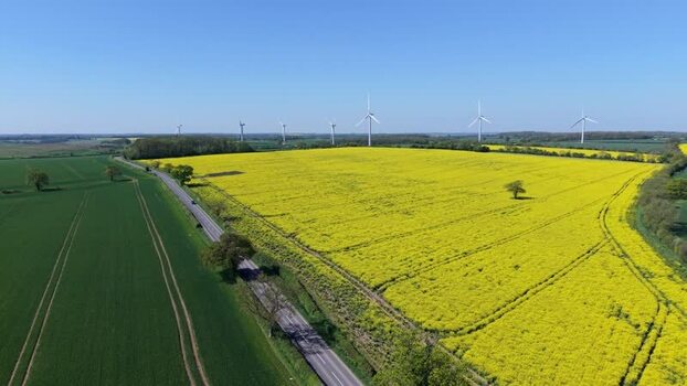 Aerial view of New Albion Wind Farm and yellow fields United Kingdom. Aerial view of New Albion Wind Farm and yellow fields United Kingdom.
