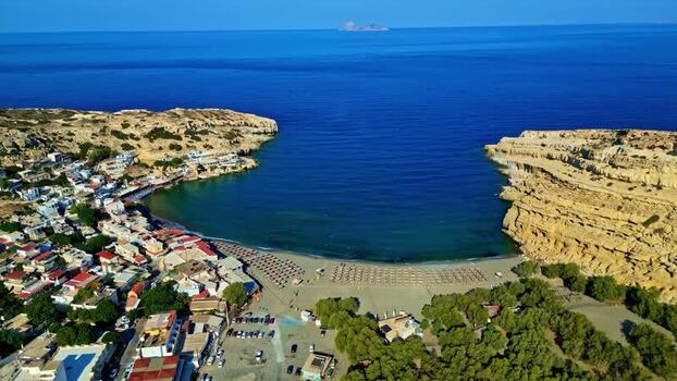 Aerial view of Matala beach and village in Crete Greece.