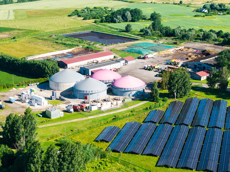 Iecava Bauska Municipality Latvia 05 July 2026 Aerial view of the biogas production station with circular digester tanks solar panel arrays and surrounding agricultural fields. Iecava Bauska Municipality Latvia 05 July 2026 Aerial view of the biogas production station with circular digester tanks solar panel arrays and surrounding agricultural fields.