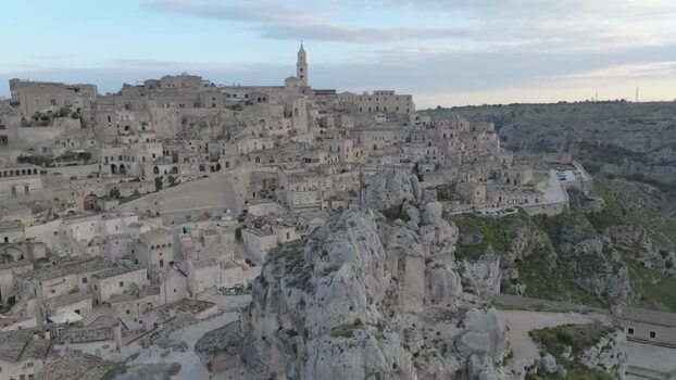Aerial view of Sassi di Matera stone dwellings Italy.