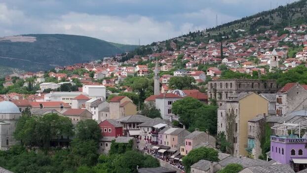 Aerial view of historic Mostar city center Bosnia and Herzegovina. Aerial view of historic Mostar city center Bosnia and Herzegovina.