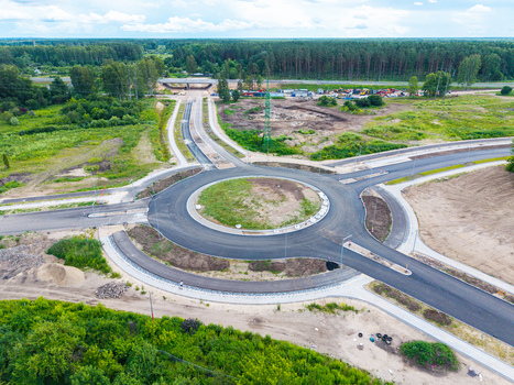 Aerial view of the newly constructed roundabout for the Southern Bridge project connecting transport corridors in Riga Latvia. Aerial view of the newly constructed roundabout for the Southern Bridge project connecting transport corridors in Riga Latvia.
