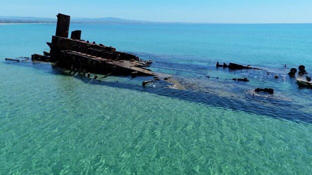 Aerial view of the Shipwreck Epanomi in turquoise waters Greece.
