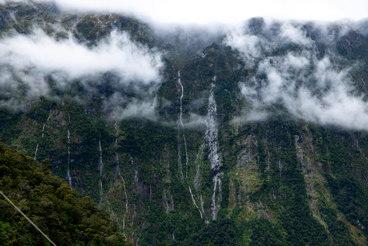 View of cascading waterfalls flow down lush green cliffs shrouded in mist creating a serene yet powerful landscape Milford Sound Southland Region New Zealand.