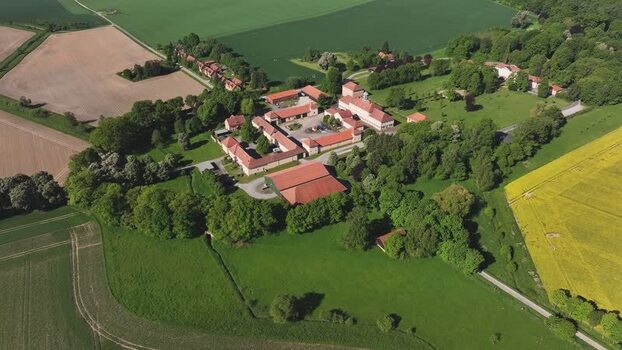 Aerial view of a historic rural estate in Hofgeismar Germany. Aerial view of a historic rural estate in Hofgeismar Germany.