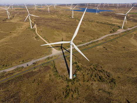 Aerial view of Eaglesham moor wind farm with large white turbines and access roads across the moorland Kilmarnock Scotland United Kingdom.