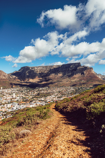 View of a dirt hiking trail leading towards the city skyline and the iconic Table Mountain under a blue sky with scattered clouds Cape Town Western Cape South Africa. View of a dirt hiking trail leading towards the city skyline and the iconic Table Mountain under a blue sky with scattered clouds Cape Town Western Cape South Africa.