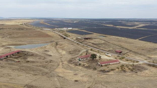 Aerial view of solar farm in rural Talavan Spain.