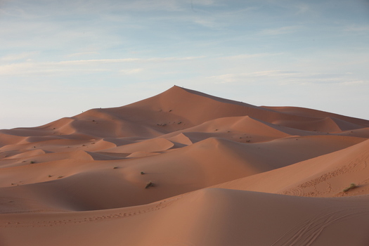View of the vast orange sand dunes of the Sahara Desert under a clear sky in Morocco.