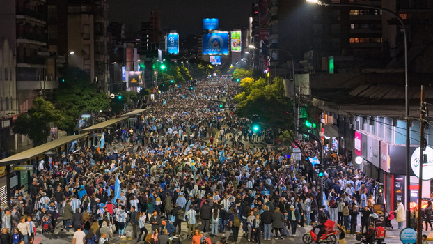 Buenos Aires Argentina 15 July 2026 Aerial view of a massive crowd of football fans celebrating in the streets at the Cabildo and Juramento intersection in Belgrano at night. Buenos Aires Argentina 15 July 2026 Aerial view of a massive crowd of football fans celebrating in the streets at the Cabildo and Juramento intersection in Belgrano at night.