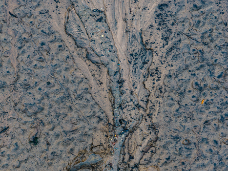 Aerial view of sediment patterns and erosion channels in the mud of a riverbed in Latvia.